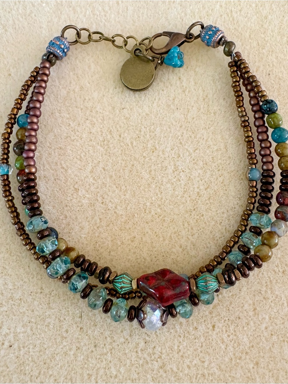 Handcrafted Multi-strand Czech Glass Beaded Bracelet in Turquoise & Red
